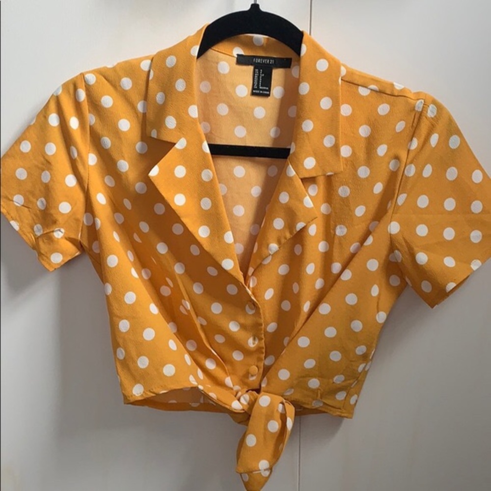 SOLD Yellow white polka dot button up shirt